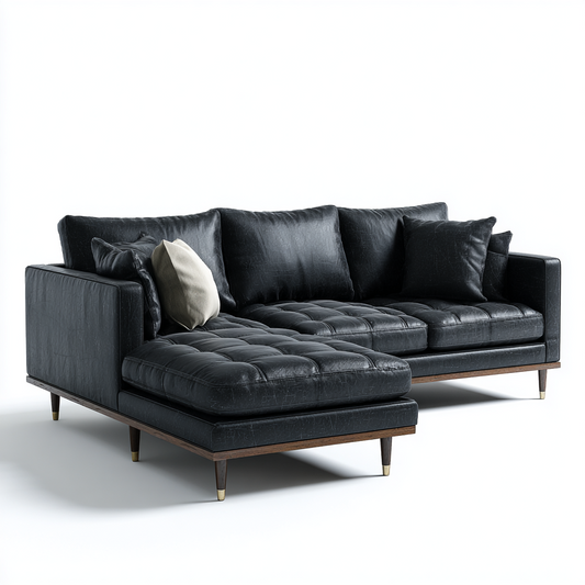 Sofá Chaise Longue de 3 Plazas en Cuero Negro con Cojines