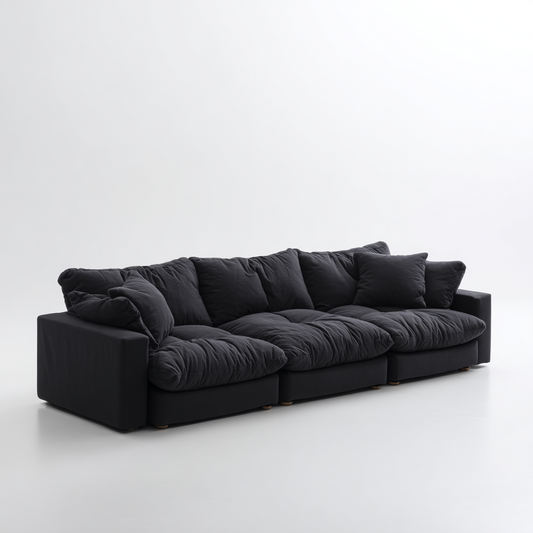Sofá Modular de 4 Plazas en Tela Negra con Cojines Acolchados