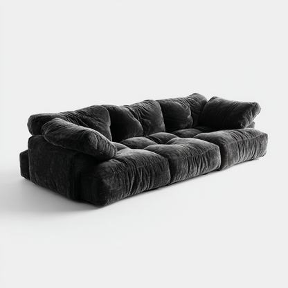 Sofá Modular de 4 Plazas en Terciopelo Negro Acolchado con Cojines