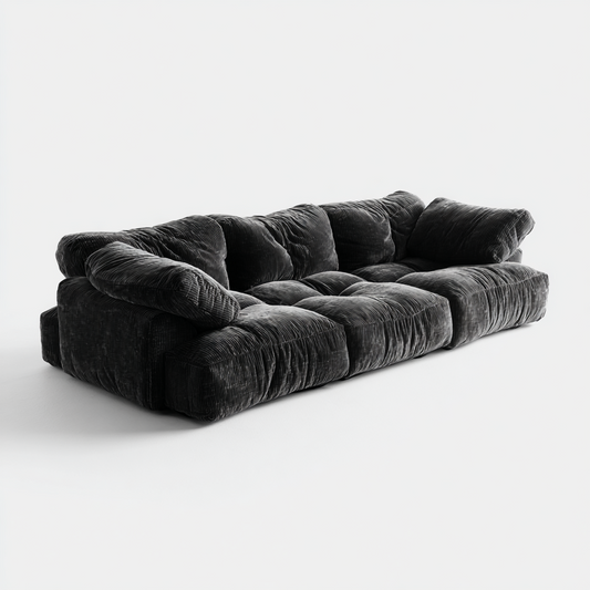 Sofá Modular de 4 Plazas en Terciopelo Negro Acolchado con Cojines