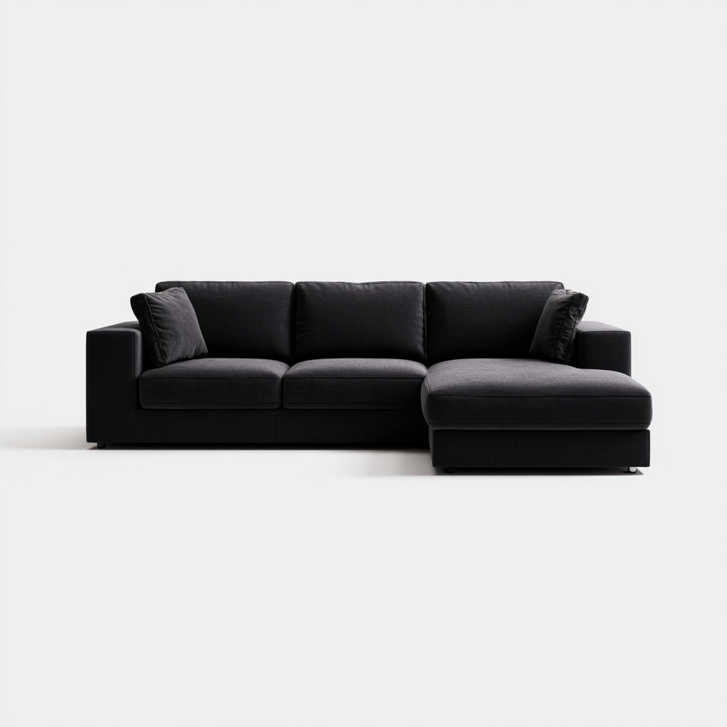 Sofá Chaise Longue de 3 Plazas en Tela Negra Moderna con Cojines
