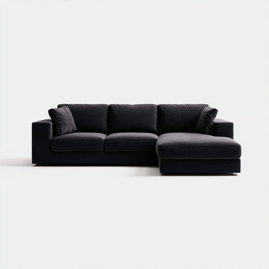 Sofá Chaise Longue de 3 Plazas en Tela Negra Moderna con Cojines