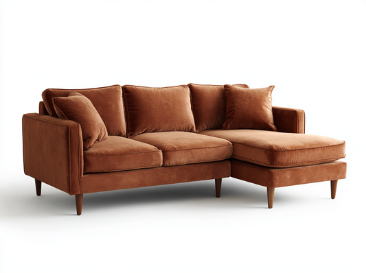 Sofá Chaise Longue de Terciopelo Marrón con Estilo Moderno y Patas de Madera