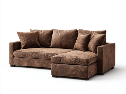 Sofá Chaise Longue de 3 Plazas en Terciopelo Marrón con Cojines