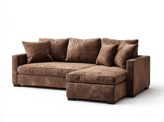 Sofá Chaise Longue de 3 Plazas en Terciopelo Marrón con Cojines
