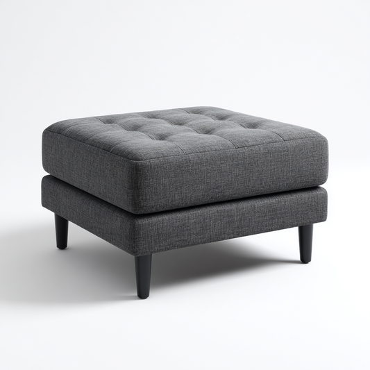 Taburete Otomano de Tela Gris Oscuro con Diseño Acolchado y Patas de Madera