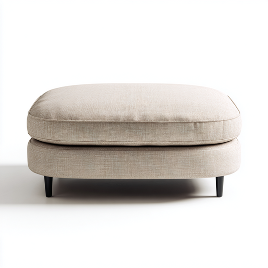 Taburete Otomano Redondeado de Tela Beige con Patas de Madera