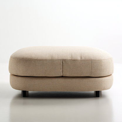Taburete Otomano Redondeado Grande de Tela Beige con Patas Bajas
