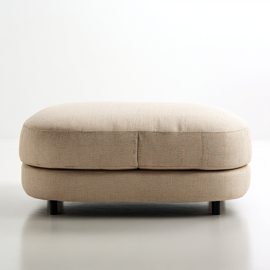 Taburete Otomano Redondeado Grande de Tela Beige con Patas Bajas