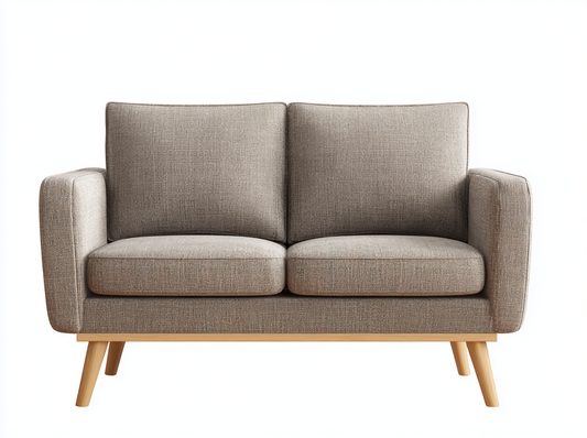 Sofá de Dos Plazas en Tela Beige con Estilo Moderno y Patas de Madera
