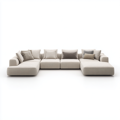 Sofá Modular en L de Tela Beige con Chaise Longue Grande y Cojines