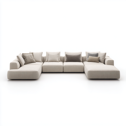 Sofá Modular en L de Tela Beige con Chaise Longue Grande y Cojines