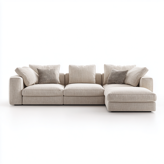Sofá Modular Esquinero de Tela Beige con Chaise Longue y Cojines