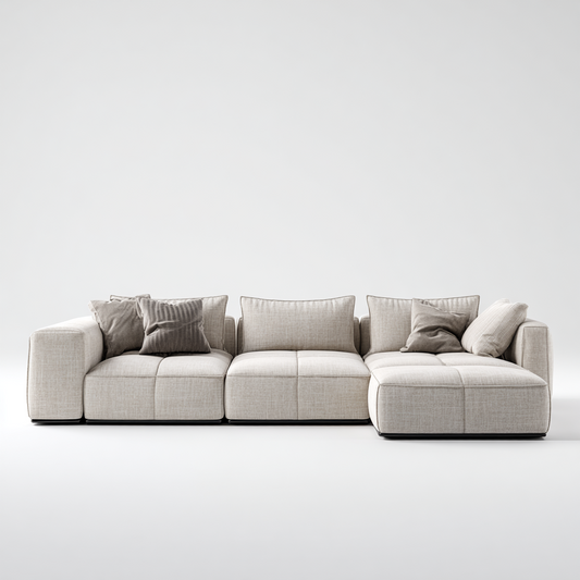 Sofá Modular de Esquina en Tela Beige con Chaise Longue y Cojines