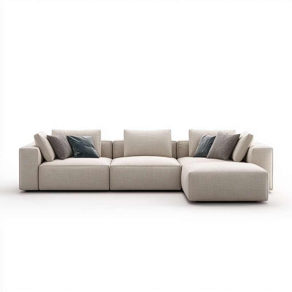 Sofá Modular en L con Chaise Longue y Cojines Decorativos en Tela Beige