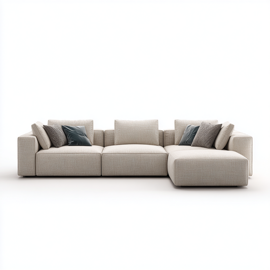Sofá Modular en L con Chaise Longue y Cojines Decorativos en Tela Beige