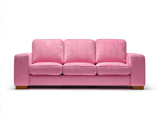 Sofá de Tres Plazas en Terciopelo Rosa con Diseño Moderno y Cojines Acolchados