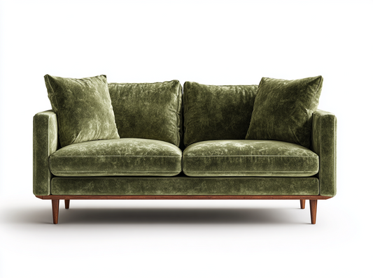 Sofá de Dos Plazas en Terciopelo Verde con Estilo Moderno y Patas de Madera