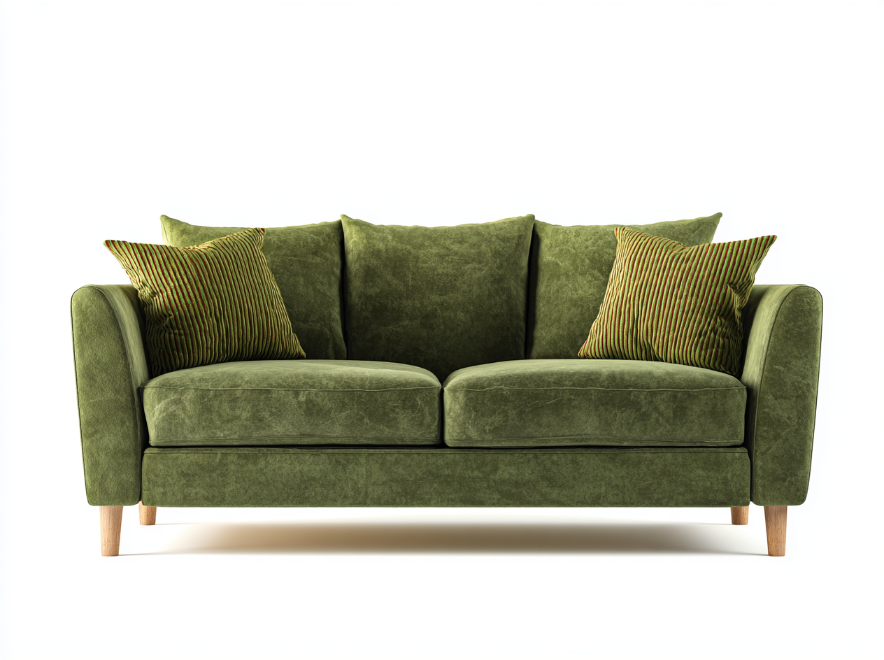Sofá de Dos Plazas en Terciopelo Verde con Cojines Decorativos y Estilo Moderno