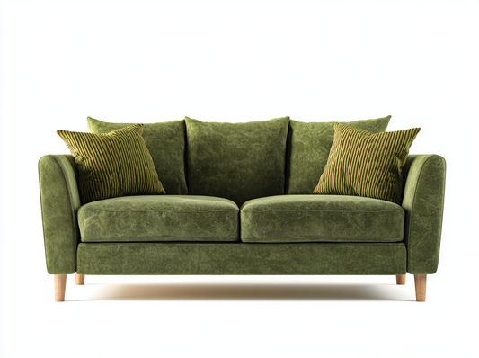Sofá de Dos Plazas en Terciopelo Verde con Cojines Decorativos y Estilo Moderno