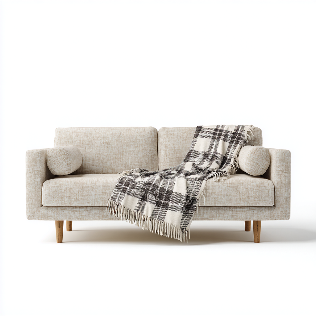 Sofá de Dos Plazas en Tela Beige con Cojines Cilíndricos y Manta Decorativa