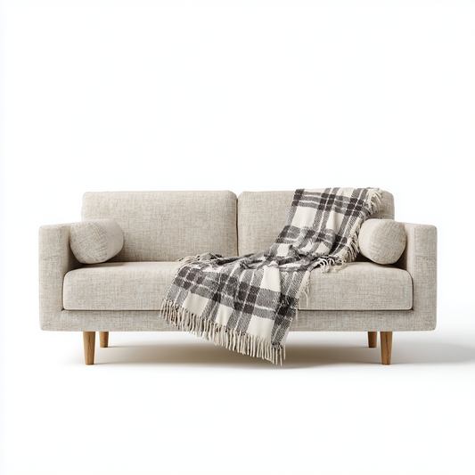 Sofá de Dos Plazas en Tela Beige con Cojines Cilíndricos y Manta Decorativa