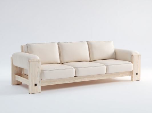 Sofá de Tres Plazas en Piel Beige con Estructura de Madera Natural y Estilo Moderno