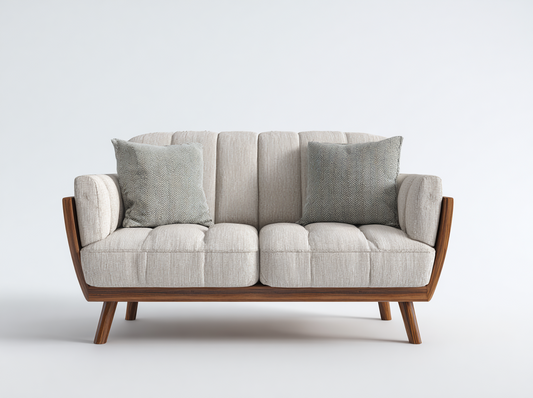 Sofá de Dos Plazas en Tela Beige con Estructura y Patas de Madera