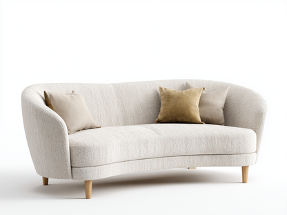 Sofá Curvo en Tela Bouclé Beige con Cojines Decorativos y Patas de Madera