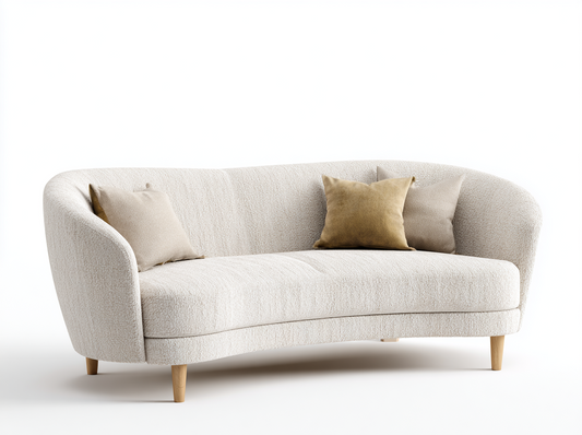 Sofá Curvo en Tela Bouclé Beige con Cojines Decorativos y Patas de Madera