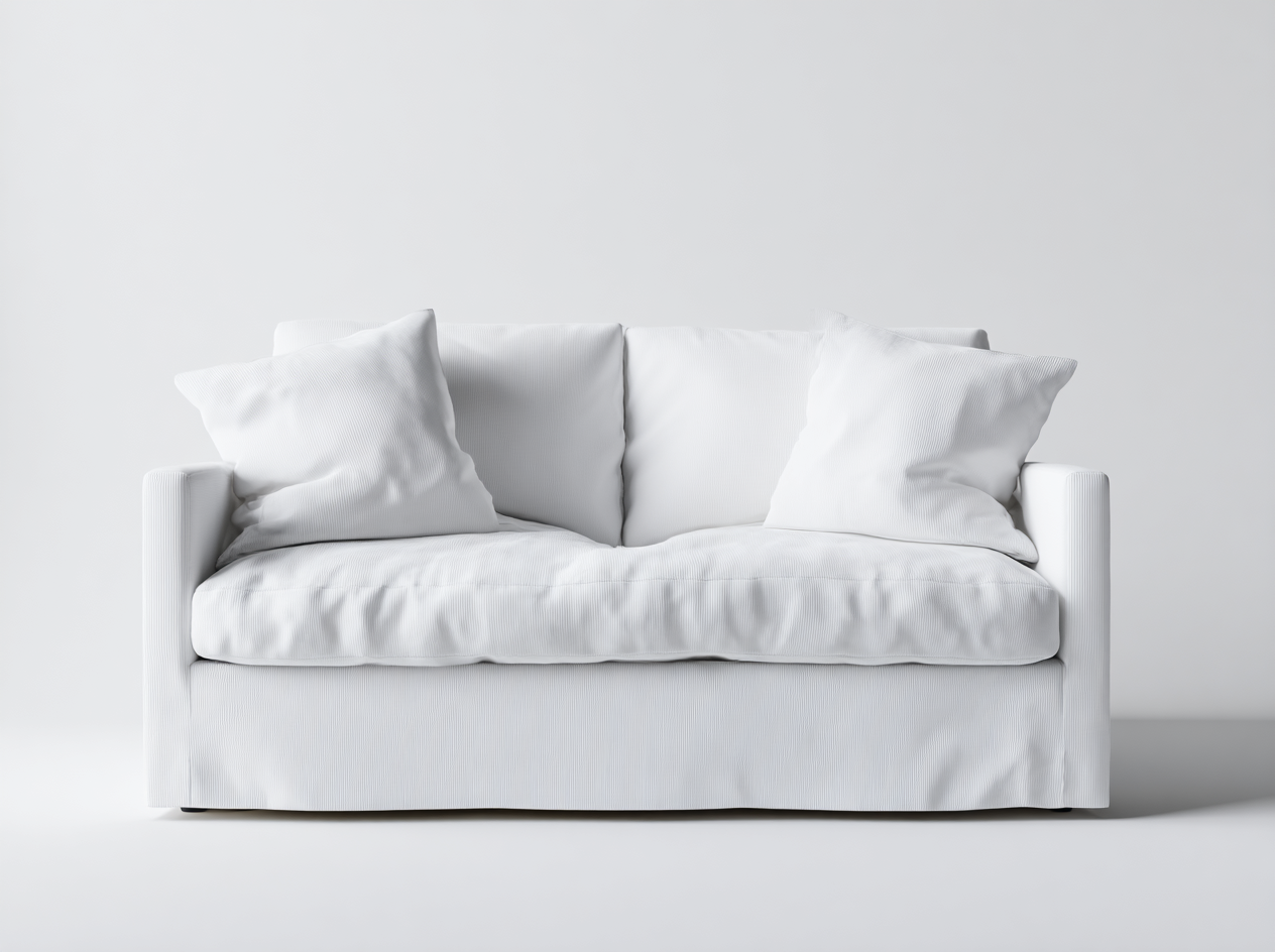Sofá de Dos Plazas en Tela Blanca con Cojines Acolchados y Estilo Minimalista