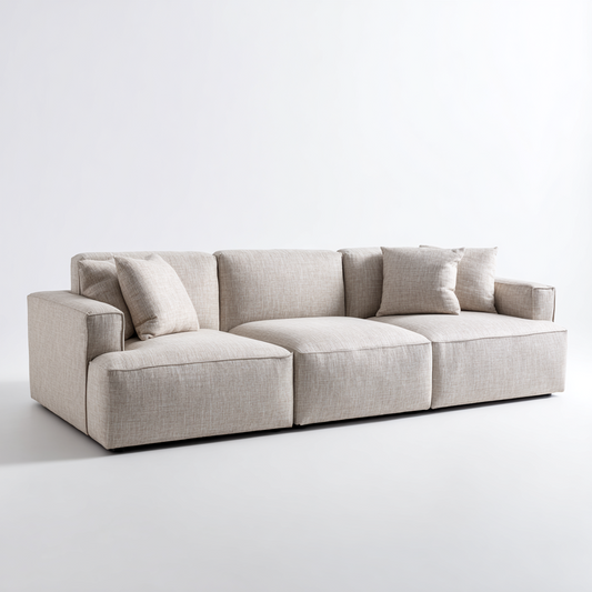 Sofá Modular de 3 Plazas en Tela Beige con Cojines de Respaldo