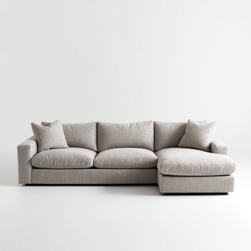Sofá Chaise Longue de 3 Plazas en Tela Gris Claro con Cojines