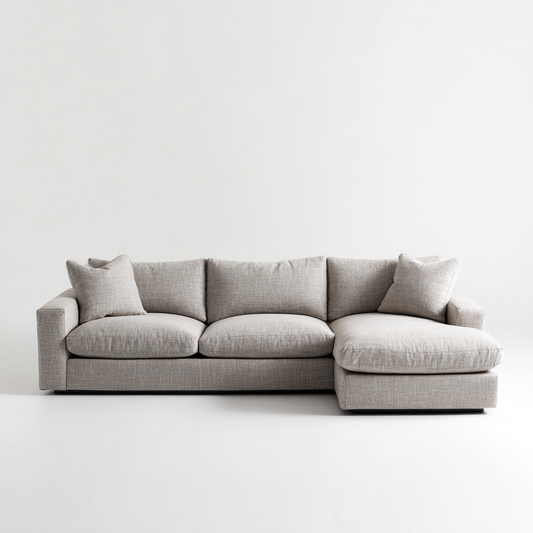 Sofá Chaise Longue de 3 Plazas en Tela Gris Claro con Cojines