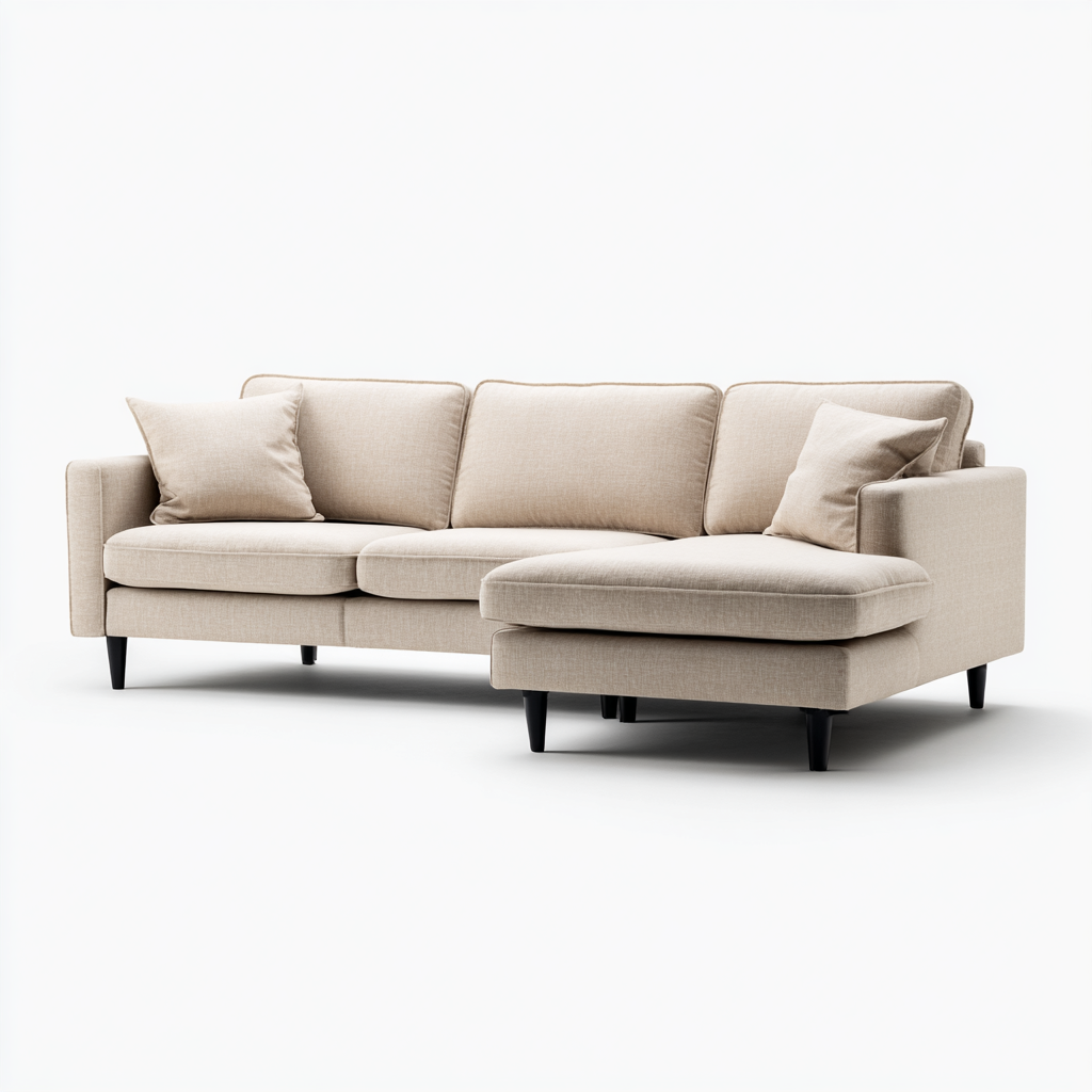 Sofá Chaise Longue de 3 Plazas en Tela Beige con Patas de Madera