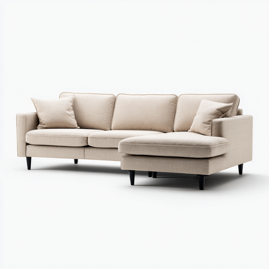 Sofá Chaise Longue de 3 Plazas en Tela Beige con Patas de Madera