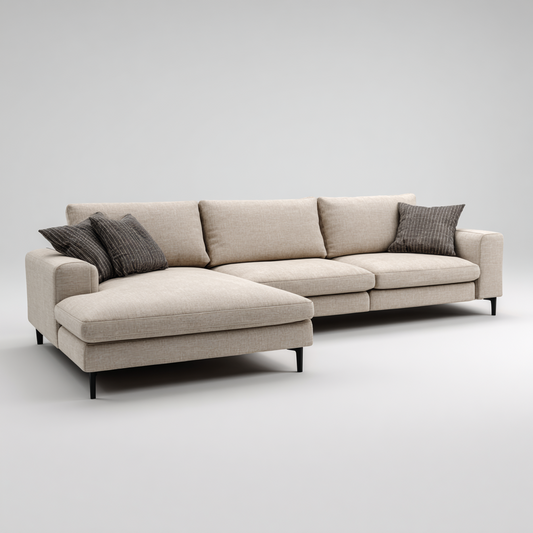 Sofá Chaise Longue de 4 Plazas en Tela Beige con Cojines Decorativos