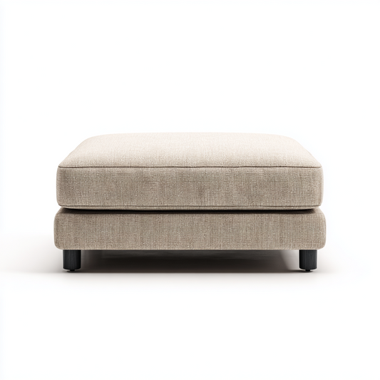 Pouf Reposapiés Cuadrado en Tela Beige con Patas de Madera