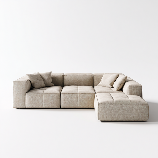 Sofá Modular Esquinero en Tela Beige con Reposabrazos y Cojines