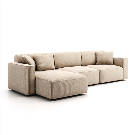 Sofá Modular Esquinero en Chenilla Beige con Reposabrazos