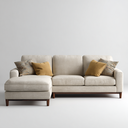 Sofá Chaise Longue de 3 Plazas en Lino Beige con Patas de Madera