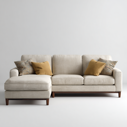 Sofá Chaise Longue de 3 Plazas en Lino Beige con Patas de Madera
