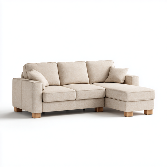 Sofá Chaise Longue de 3 Plazas en Tela Beige con Patas de Madera