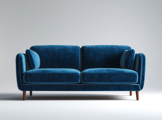 Sofá de Dos Plazas en Terciopelo Azul con Diseño Moderno y Patas de Madera