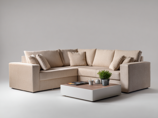 Sofá Rinconera de Tela Beige con Cojines Desenfundables y Diseño Contemporáneo