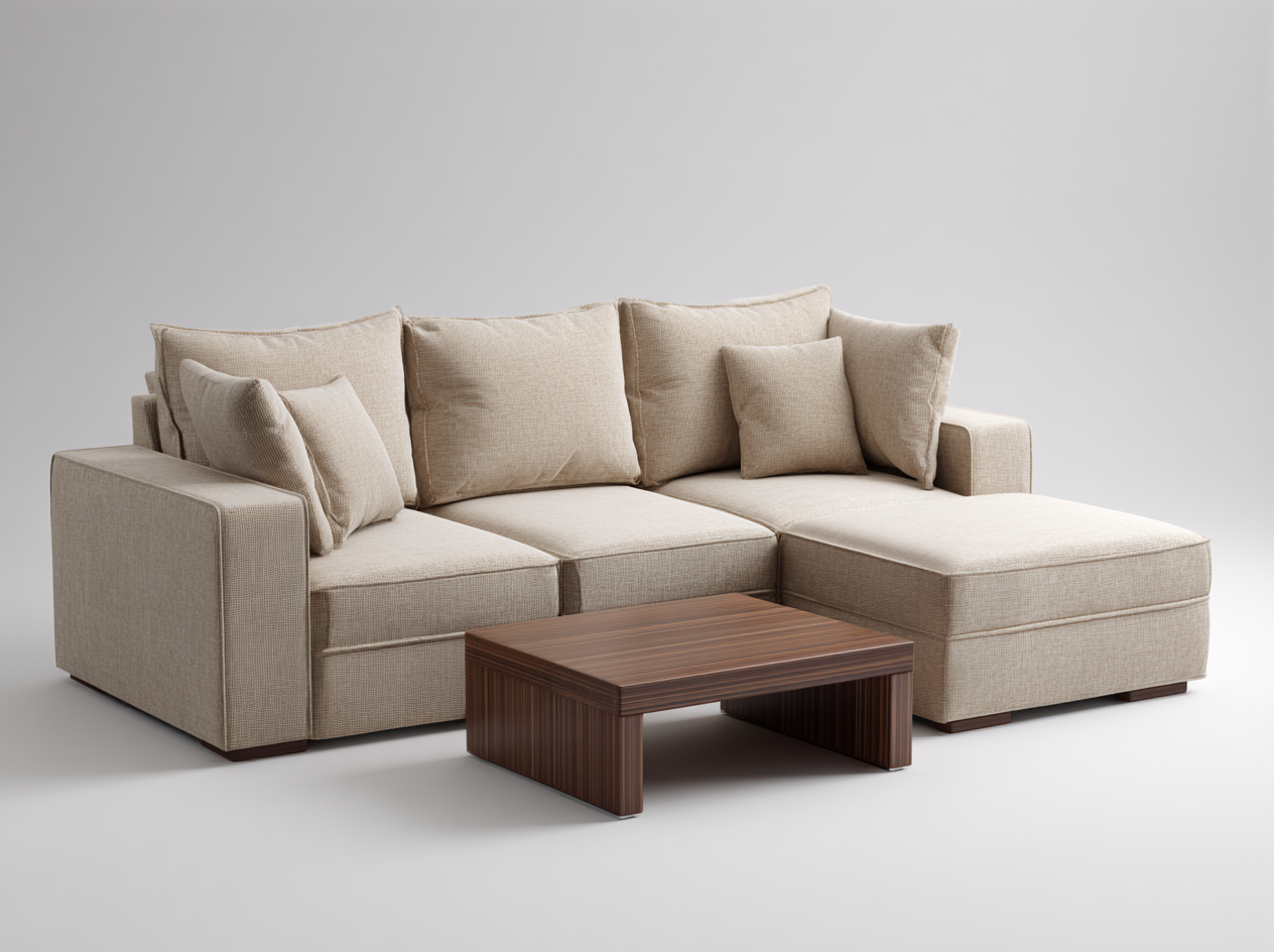 Sofá Chaise Longue de Tela Beige con Cojines Extraíbles y Estilo Moderno