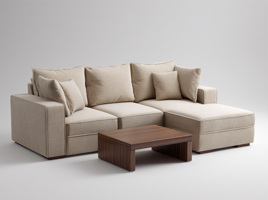 Sofá Chaise Longue de Tela Beige con Cojines Extraíbles y Estilo Moderno