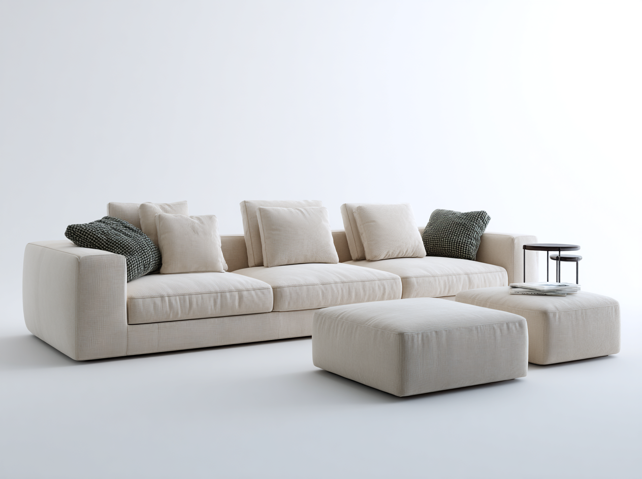 Sofá modular moderno de 3 plazas con reposabrazos y dos puff tapizados en color beige