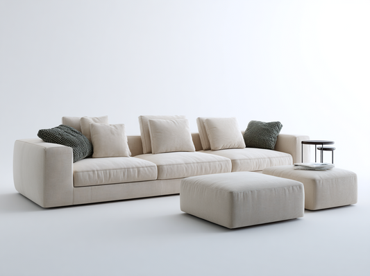 Sofá modular moderno de 3 plazas con reposabrazos y dos puff tapizados en color beige