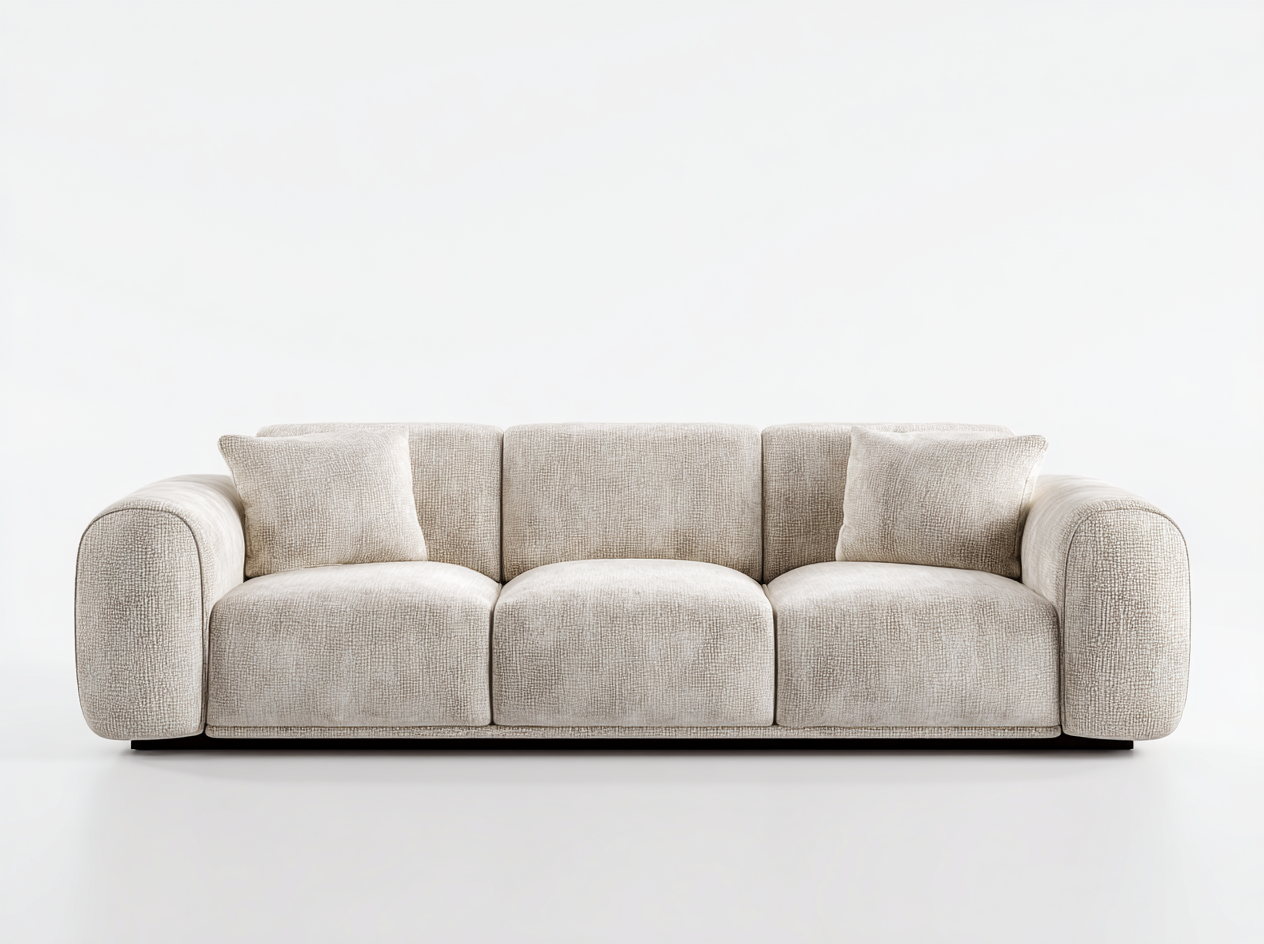 Sofá moderno de 3 plazas en tela beige con cojines incluidos y diseño minimalista
